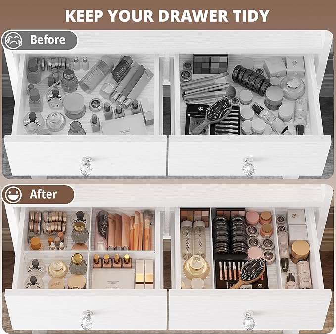 LIKIMIO Vanity Desk with Mirror and Lights, Makeup Vanity Table Set with Storage Stool, Makeup Drawer Organizer, 3 Color Modes Adjustable Bulb, Power Outlet, White Vanity for Bedroom