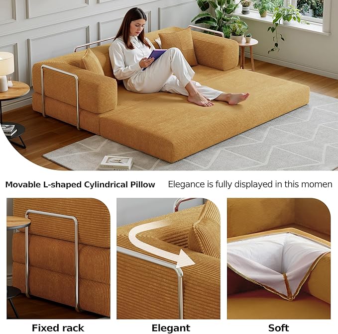 98.4''Convertible Sleeper Sofa Bed,Compressed Floor Boneless Couch,Modular Modern Corduroy Sofa for Living Room Bedroom -with Fixed-Shape Frame and Support Armrest,Easy Assembly(Yellow)