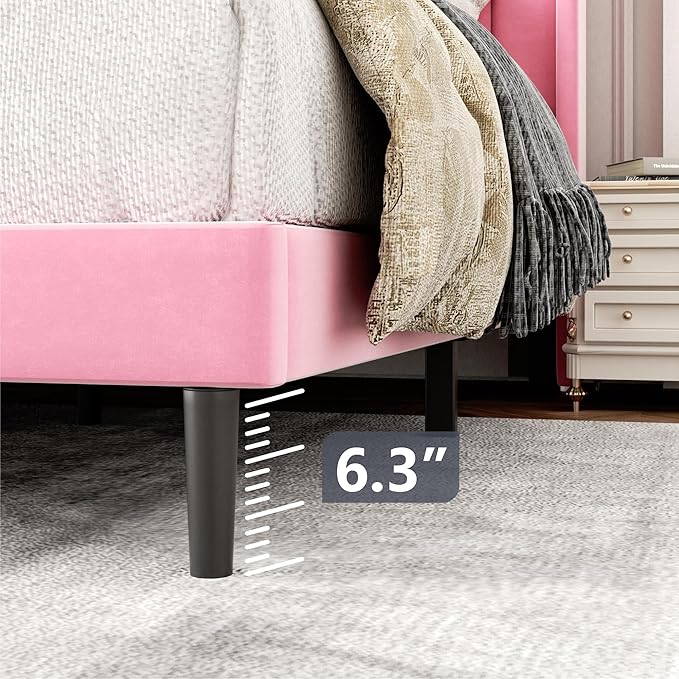 Twin Size Bed Frames with Wingback Headboard Easy Assemnly Platform Bedframe, Sturdy Wooden Slat Support No Box Spring Needed, Pink Velvet