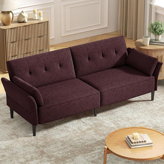 89” Futon Sofa Bed, Comfy Futon Couch Bed with 2 Square Pillows, Convertible Sleeper Sofa with Adjustable Backrest& Armrests, Modern Loveseat Sleeper for Living Room,Velvet Fabric Burgundy