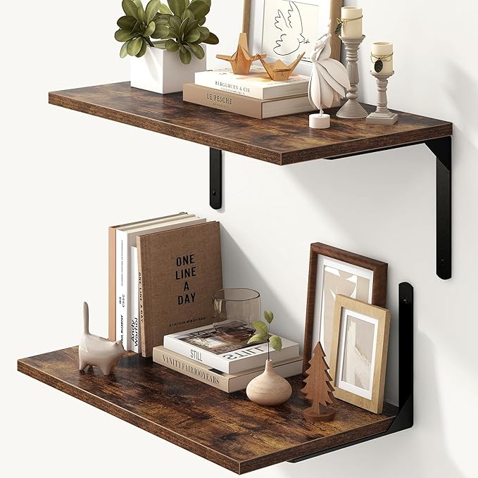 Floating Shelves for Wall, 12 Inch Deep Floating Shelves Set of 2, Wall Mounted Shelf with Metal Brackets, Rustic Wood Shelf for Bathroom, Kitchen and Living Room, Rustic Brown, 24W x 12D