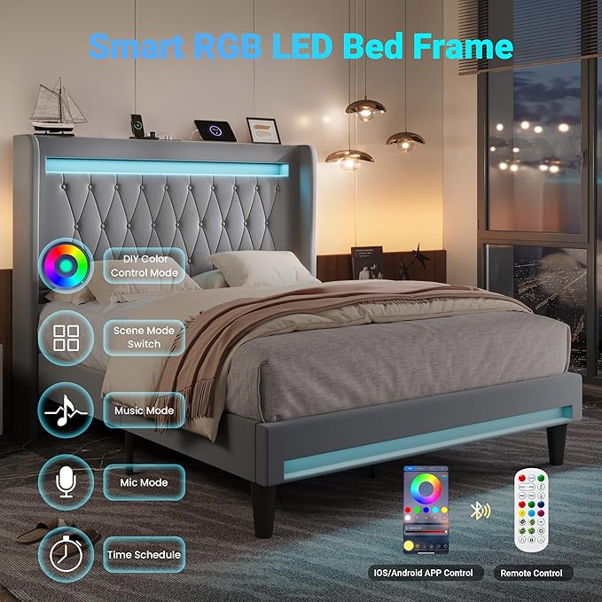 Allewie Upholstered Full Size Platform Bed Frame with LED Light and Charging Station, Button Tufted High Headboard, Wingback Design, Noise Free, Easy Assembly, No Box Spring Needed, Grey