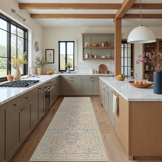 GENIMO Floral Washable Runner Rug 2’6”x10’, Non-Slip Long Hallway Carpet for Entryway, Kitchen, Indoor Floor Use, Vintage Boho Soft Thin Rug Décor, Beige Pink