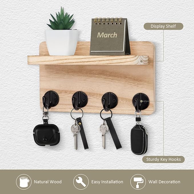 Nekon Key Holder Wall Mount, 8.5 Inch Small Home Decor Wooden Wall Organizer with 4 Hooks and Shelf, Wall Decor for Living Room Entryway Kitchen (Wood)