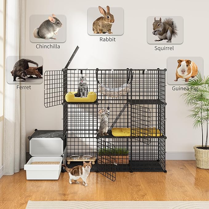 YITAHOME 3-Tier Cat Cage with Litter Box: Kittens Cat House Indoor Multi-Level Cat Enclosure for 1-3 Small Cats, Black