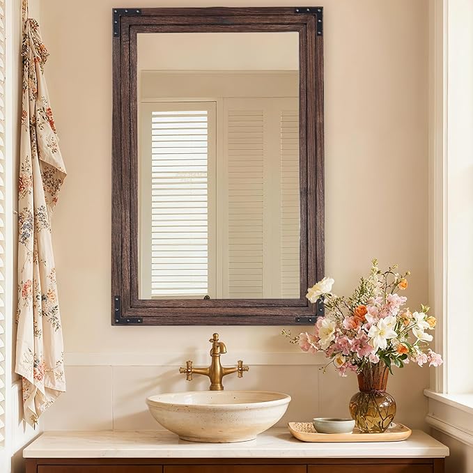 Full Length Mirror 36"x24" Solid Wood Frame Floor Standing Mirror, Hanging or Leaning Wall-Mounted for Living Room, Bedroom, Brown