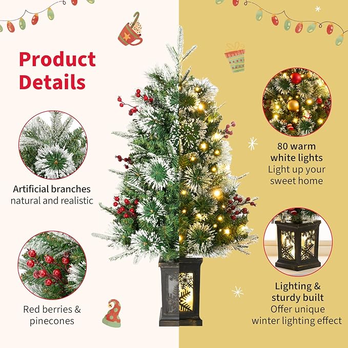 Small 3FT Pre-Lit Snow Flocked Christmas Tree with Twinkling Lights for Home Office Christmas Decor- Battery Operated & Timer (Vintage Snowflake Base)