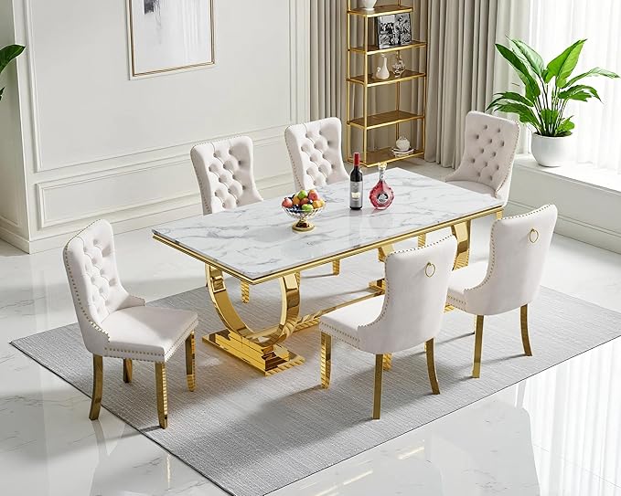 Goujxcy 68" Faux Marble Dining Table Set for 6, 7-Piece Dining Set with White Gold Kitchen Table and 6 Velvet Tufted Chairs, Modern Rectangular Dining Room Table with O-Shape Stainless Steel Base
