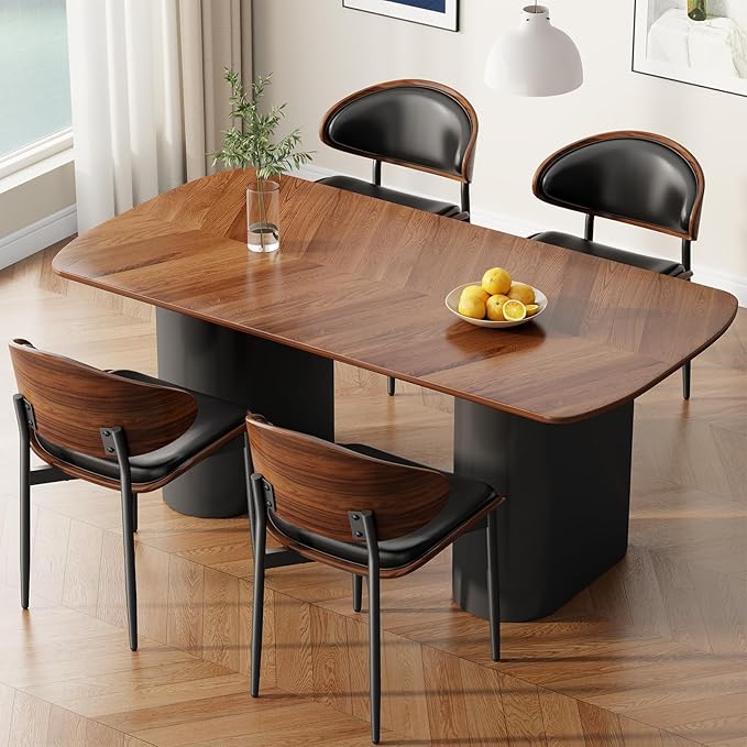 Dining Chairs Set of 2, Mid-Century Modern Upholstered PU Leather Chairs with Walnut Bentwood Back and Metal Legs Adjustable Feet for Kitchen Dining Room, Black PU