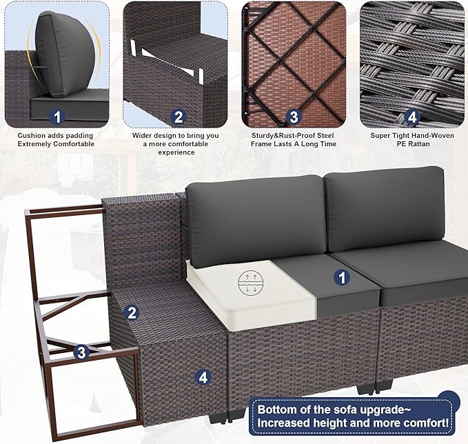 Kurapika 13 Pieces Patio Furniture Set, Rattan Wicker Outdoor Conversation Sets w/43in Propane Fire Pit Table, Swivel Rocking Chairs Patio Sectional Sofa w/4 Inch Cushion, Grey