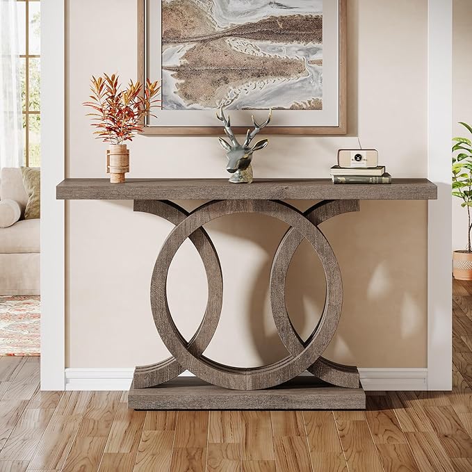 Tribesigns 55-Inch Console Table with Geometric Wood Base, Modern Entryway Table with Thick Tabletop for Living Room, Hallway, Foyer, Brown