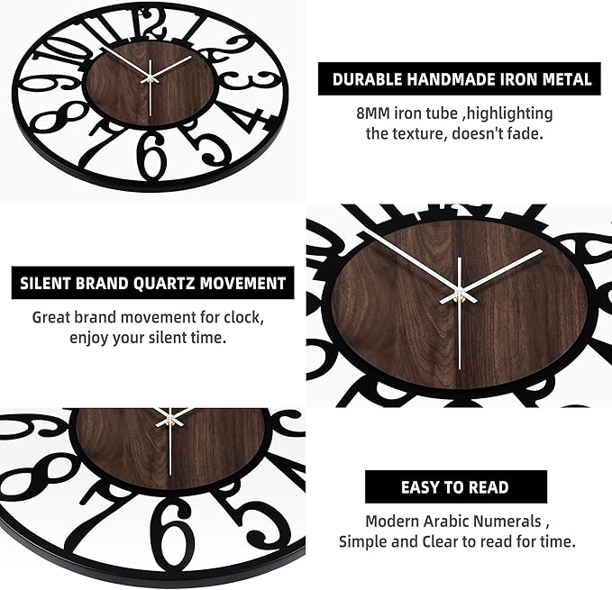 1st owned Wall Clock for Living Room -16" Silent Non Ticking,Battery Operated,Black Metal, Antique Wood Clocks for Farmhouse,Dining Room,Bedroom,Kitchen Clock Wall Decor- Arabic Numerals