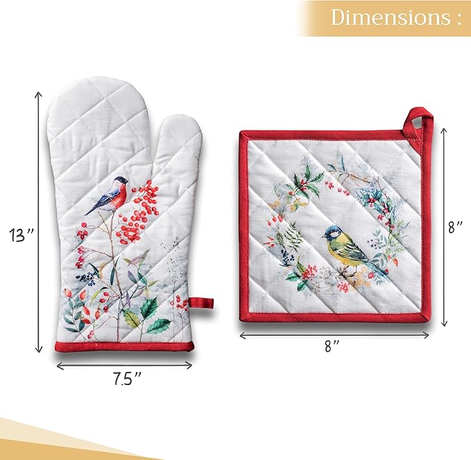 Maison d' Hermine 100% Cotton Oven Mitt & Pot Holder Set (7.5"x13" & 8"x8") Heat Resistant BBQ Cooking Gloves with Loop for Thanksgiving Christmas Decorations Handling Hot Pans (Morzine)