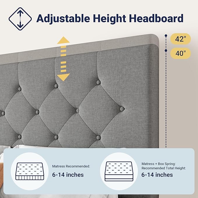 Allewie Upholstered Queen Size Platform Bed Frame with 4 Storage Drawers and Headboard, Diamond Stitched Button Tufted Mattress Foundation with Wooden Slats Support, Light Grey