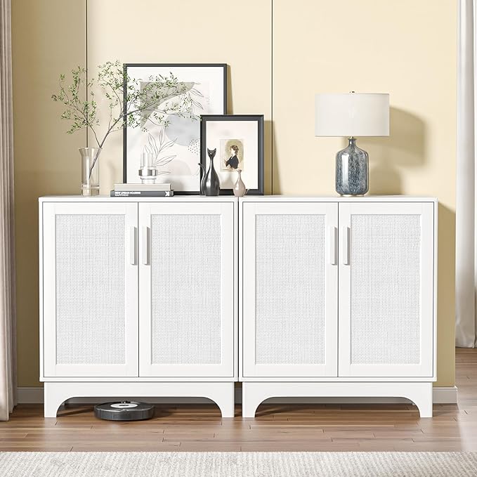 Rattan Cabinet, Sideboard Storage Cabinet with 2 Doors Buffet Cabinet with Adjustable Shelf Large Space, Kitchen Sideboard Buffet for Entryway Hallway