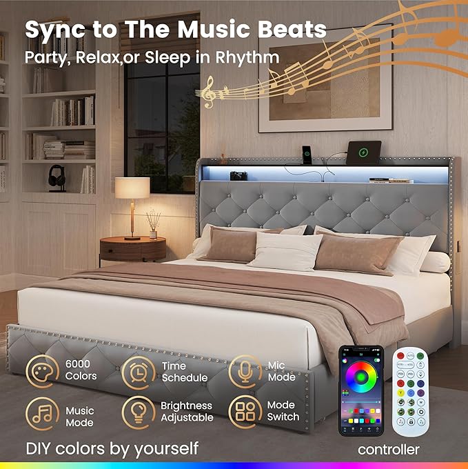 LARMACE Queen Size Bed Frame with Headboard Upholstered Tufted LED Platform Bed Frame Queen with 4 Storage Drawers&USB,Type-C Charging Station,Heavy Duty,No Box Spring Needed,Easy Assembly,Bluish Grey