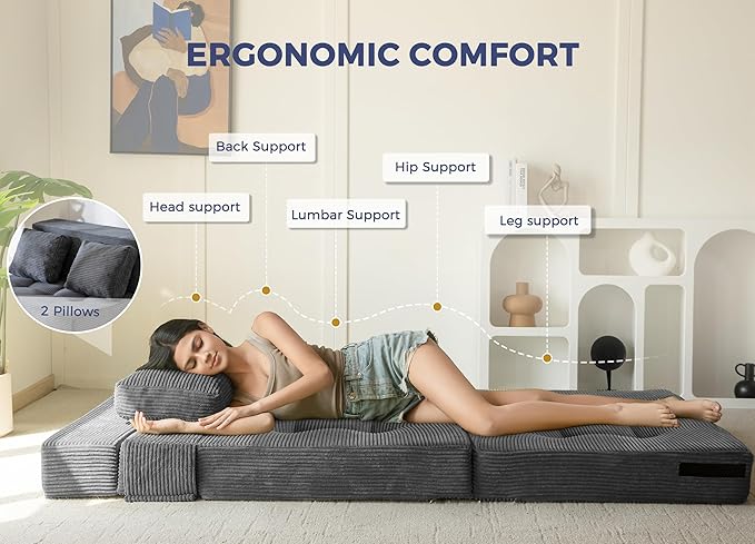 MAXYOYO Convertible Sofa Bed, Fold Out Loveseat Sleeper Sofa with Pillow, 4 in 1 Tufted Folding Couch Bed Foam Floor Couch, Lazy Chair for Living Room Bedroom Guest Room, Dark Grey