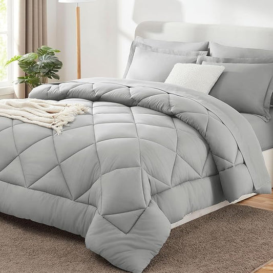 CozyLux King Size Comforter Set Light Grey - 7 Pieces Bed in a Bag King, Luxury Soft Bed Set for All Seasons, Bedding Set with Down Alternative Comforter, Sheets, Pillowcases & Shams