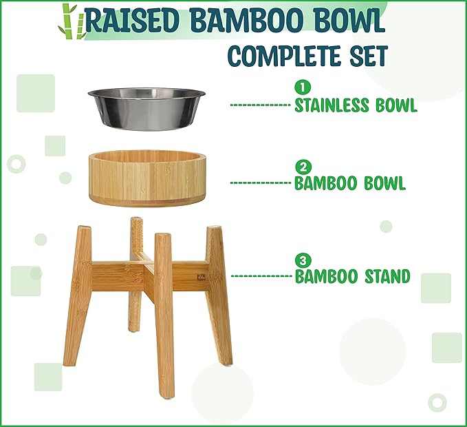 Elevated Dog Bowls Large Breed - (15-Inch, 74-oz Cap) - Raised Single Dog Food Station, Suitable for Dry/Wet Pet Foods, Deter Ants/Bugs - Bamboo with Stainless Dish and Tall Stand