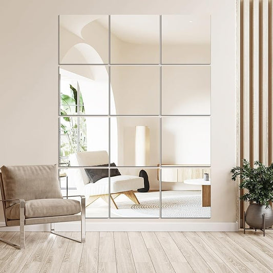 Vlush Full Length Wall & Tiles 10.2'' x 10.2'' x 12PCS Full Body Mirror, Full Length Mirror Wall Mounted Mirrors Decorative for Home Gym, Door, Bedroom & Bathroom