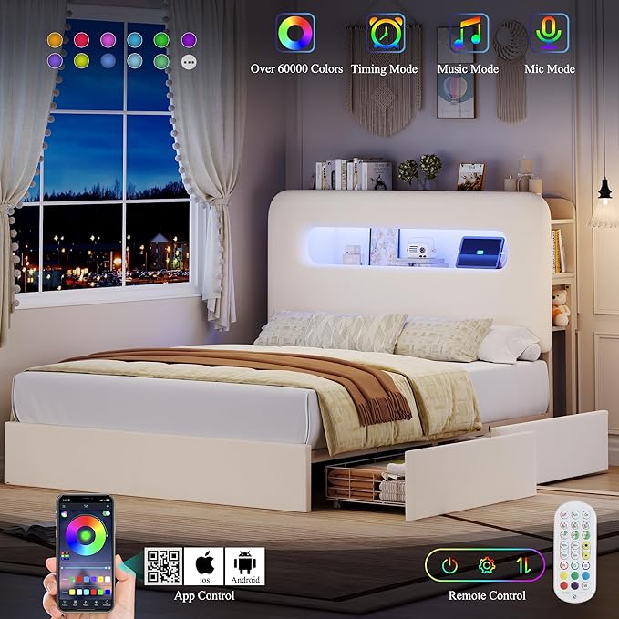 HOSTACK Full LED Bed Frame with Storage Headboard and Charging Station, Kids Bed Frame with 4 Drawers and USB Ports, Velvet Upholstered Platform Bed Frame with Bookcase, No Box Spring Needed, Cream