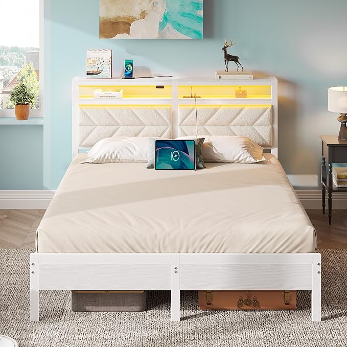Seventable Bed Frame Full Size with Charging Station, LED Bed with Upholstered Storage Headboard, Metal Platform Bed with Under Bed Storage, No Box Spring Needed, Noise Free, Easy Assembly, White