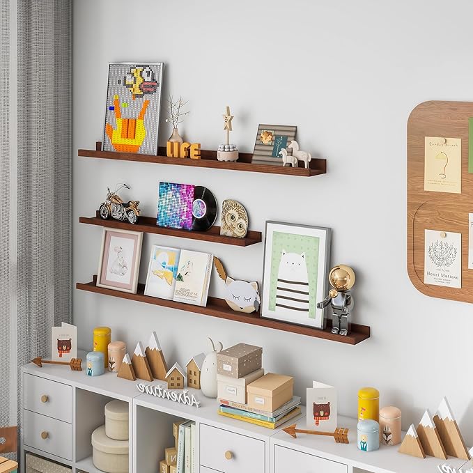 Picture Ledge Shelf, 72 inch Solid Ash Wood Floating Shelves Set of 2, Picture Ledge Photo Ledge Wall Mounted for Living Room Kids' Room Bedroom, Color Walnut