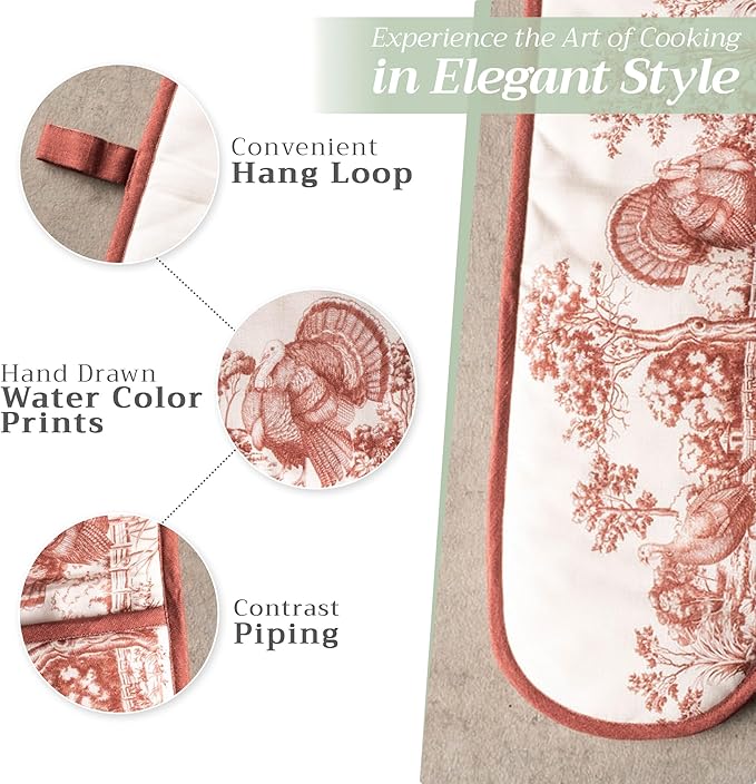 Maison d' Hermine Double Oven Mitt (7" x 35") 100% Cotton Heat Resistant BBQ Cooking Gloves with Loop for Thanksgiving Christmas Decorations Baking Cooking Handling Hot Pan (Holy Jouy - Brown)