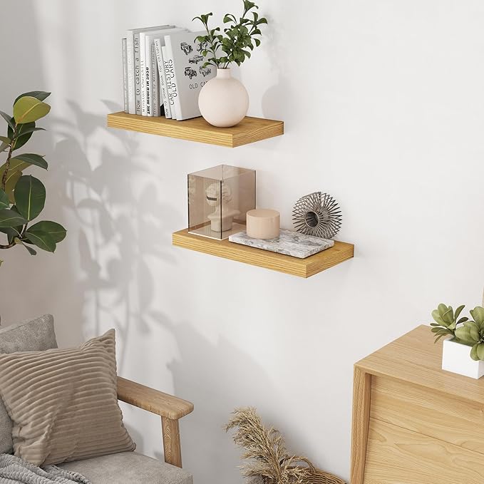 Floating Shelves 16 Inch Long, Wall-Mounted Bathroom Shelves Set of 2, 9.3 Inch Deep Shelf for Home Storage & Display, Wooden Deep Wall Shelves for Bedroom, Living Room, Kitchen, Oak Color