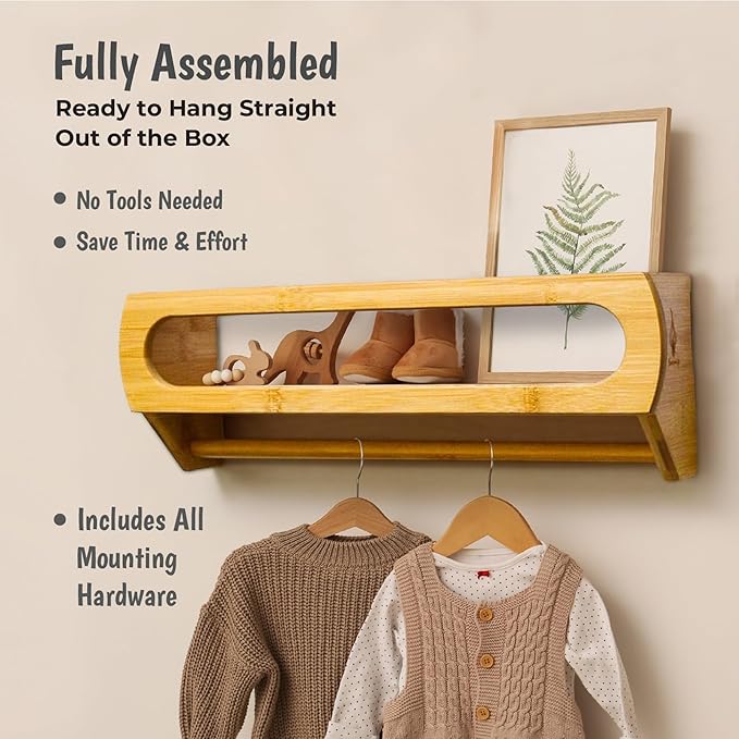 Bamboo Nursery Floating Book Shelves for Wall, Fully Assembled – Set of 3 Wall Mounted Bookshelves for Kids Room, Baby Room, Nursery Decor, 16.5 Inch Natural