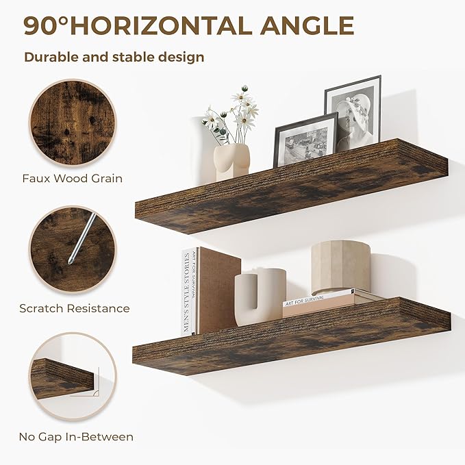 Dreamland 40 Inches Floating Shelves for Wall, 9.3" Deep Long Floating Shelves Set of 2, Large Display & Storage Shelf, Wall Shelf for Bathroom Bedroom Living Room Kitchen Office, Rustic Brown