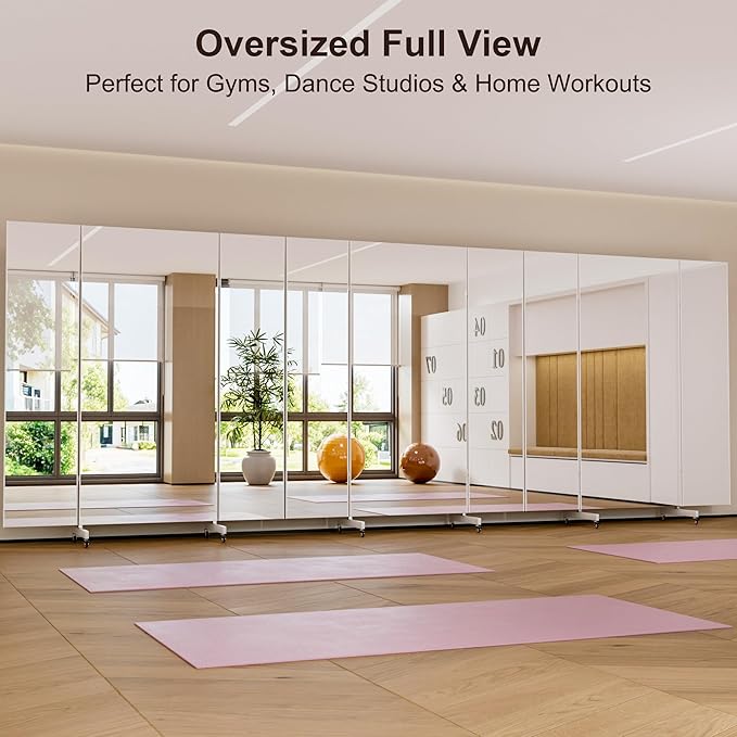 brisafe Full Length Mirror with 360° Wheels, 79"x79" Foldable Floor Mirror with Nano-Tech Shatterproof Film - Ultra-Large Mobile Mirror for Home Gym, Dance Studio & Commercial Spaces (White)