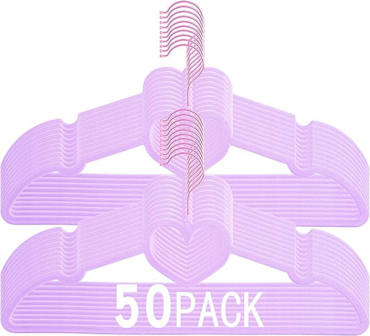Light Purple Velvet Hangers 50 Pack, Premium Heart Hanger Non-Slip Felt Hangers, 360° Swivel Rose Gold Hooks, Space Saving Slim Hangars, Durable & Cute Clothes Hangers for Adult