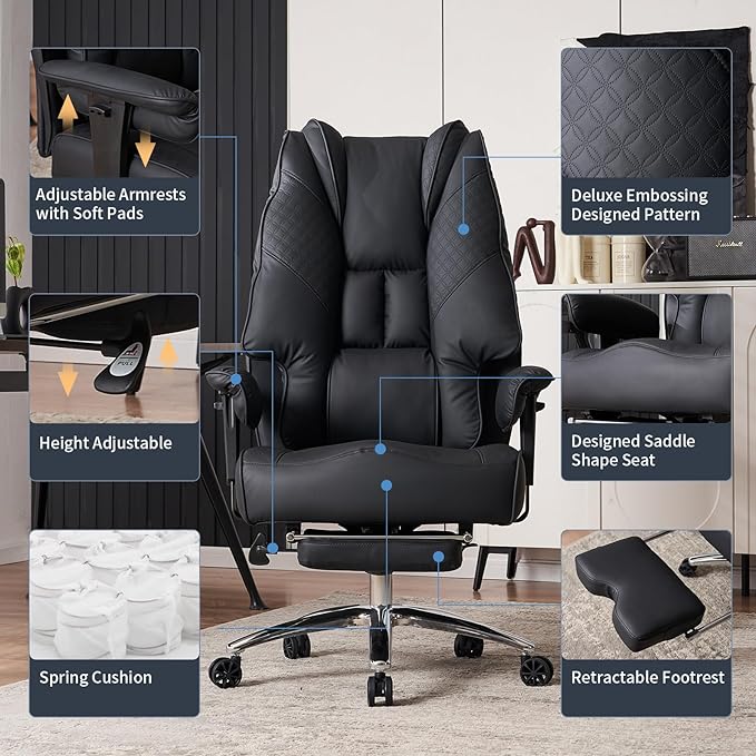 Big and Tall Office Chair 400lbs Wide Seat, Leather High Back Executive Office Chair with Foot Rest, Ergonomic Chairs Lumbar Support for Lower Back Pain Relief (Black)