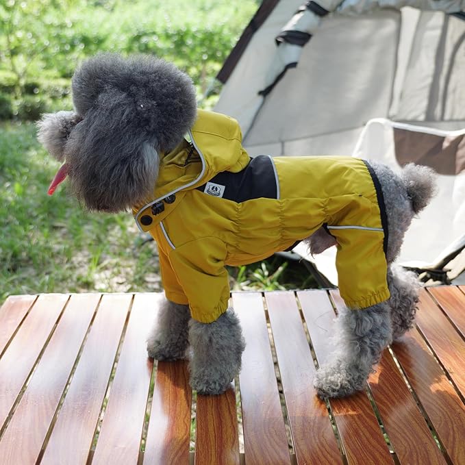 LOVELONGLONG Fleece-Lined Dog Raincoat with Removable Hood – Waterproof Winter Full Body Dog Jacket – Windproof Snowproof Cold-Weather Suit – Yellow-F XS