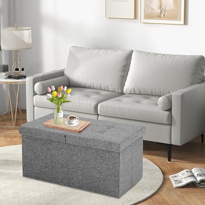 CAROLMADE 30 Inches Storage Ottoman Bench with Flipping Lid, Linen Foldable Storage Footrest, Ottoman with Storage for Living Room Holds up to 330lbs, Light Grey