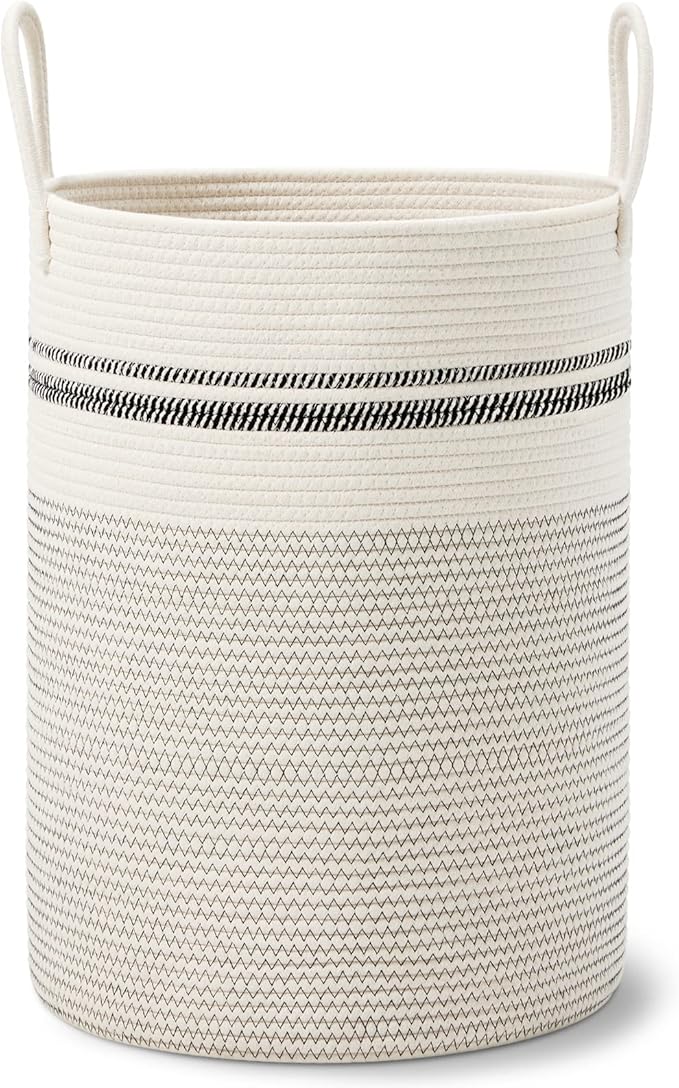 VIPOSCO Large Laundry Hamper, Tall Woven Rope Storage Basket for Blanket, Toys, Dirty Clothes in Living Room, Bathroom, Bedroom - 58L Stripe White
