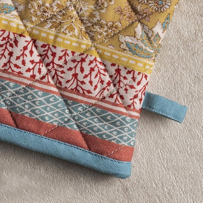 Maison d' Hermine 100% Cotton Oven Mitt & Pot Holder Set (7.5"x13" & 8"x8") Heat Resistant BBQ Cooking Gloves with Loop, Baking, Grilling, Kitchen, Handling Hot Pans Spring/Summer (Marquise)