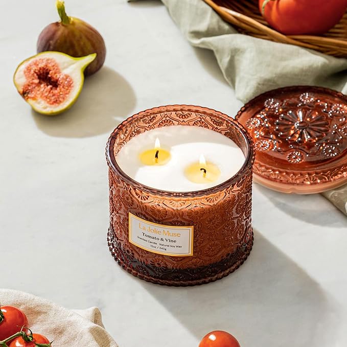 LA JOLIE MUSE Tomato & Vine Candle - Tomato Leaf, Rose, Moss | 12 oz Large 2-Wick Soy Wax Candle | 60 Hours Clean Burn | Fresh Garden Scented Candle | Gift-Ready for Hosts & Gatherings