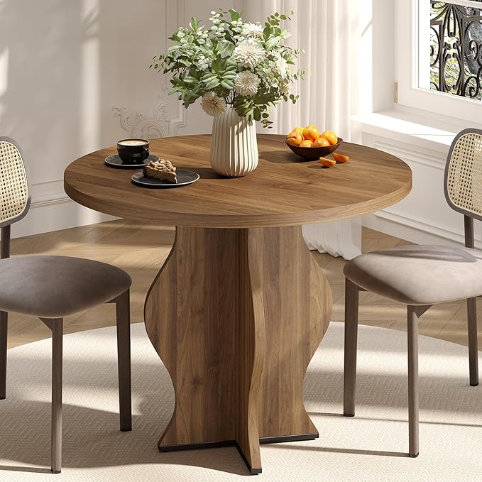 31.5 Inch Small Round Dining Table for 2, Modern Farmhouse Wood Kitchen Table, Rustic Walnut Circle Dining Room Table with Pedestal Base for Kitchen and Dining Room Furniture