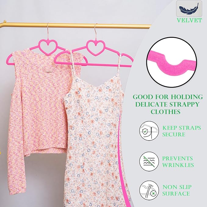 Velvet Hangers 20 Pack, 360° Swivel Rose Gold Hooks, 16" Non Slip Felt Hanger, Space Saving Clothes Hanger, Durable & Cute Flocked Heart Hanger for Adult (Hot Pink)