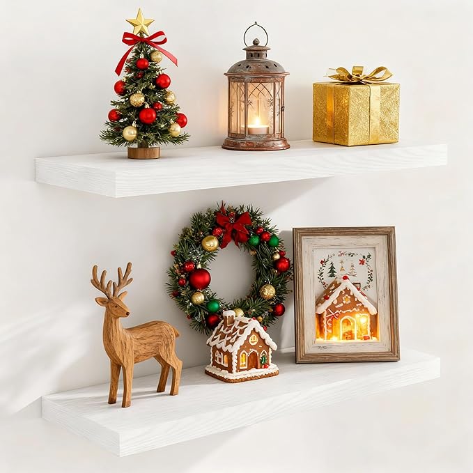 Fun Memories 32 Inch Floating Shelves, Wall-Mounted Bathroom Shelves Set of 2, 9.3 Inch Deep Floating Shelf Bookshelf for Living Room, Bedroom, Heavy-Duty Deep Storage Shelf for Wall, White Color