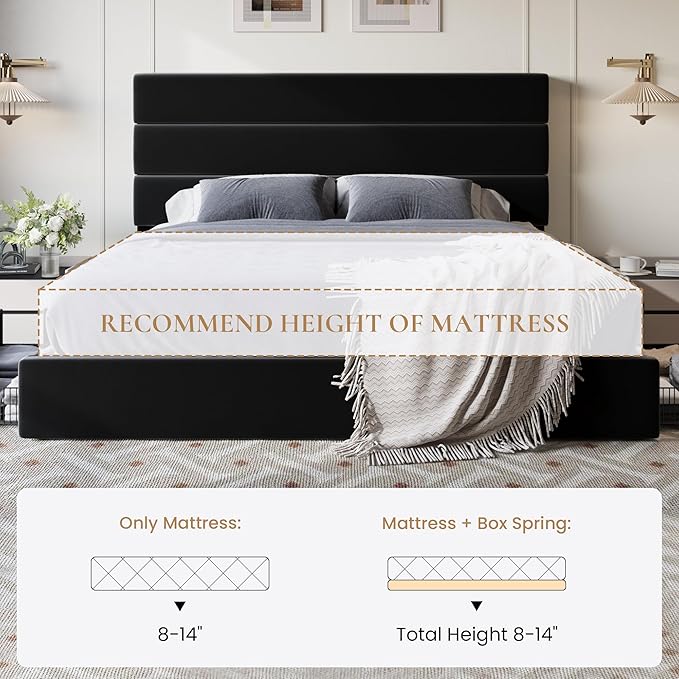 SHA CERLIN King Size Platform Bed Frame with 4 Storage Drawers, Velvet Upholstered Headboard, Mattress Foundation with Wooden Slats Support, No Box Spring Needed, Easy Assembly, Black