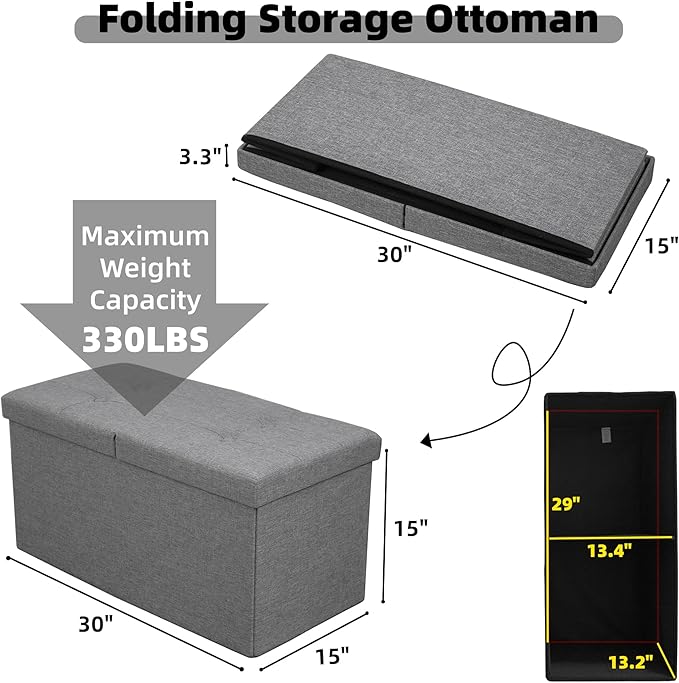 CAROLMADE 30 Inches Storage Ottoman Bench with Flipping Lid, Linen Foldable Storage Footrest, Ottoman with Storage for Living Room Holds up to 330lbs, Light Grey