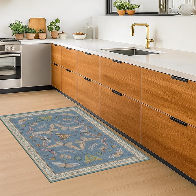 Blue 2x3 Kitchen Rugs Non Slip Washable, 0.25" Low Pile Stain & Fade Resistant, Waterproof Indoor Floor Mat for Entryway, Bathroom, Laundry Room, Boho Insect Floral Decor