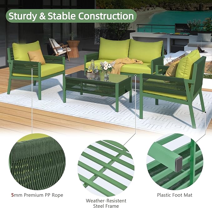 4-Piece Rope Outdoor Furniture Set, Patio Conversation Set with Tempered Glass Table, Rope-Woven Furniture Set with Deep Seat Design for Backyards, Balconies, Fluorescent Yellow & Green