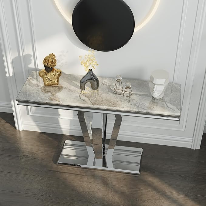 Silver Console Table, Luxury Grey and Silver Sofa Table, 50 inch Rectangle Entryway Table with Mirrored Geometric Base for Living Room, Hallway