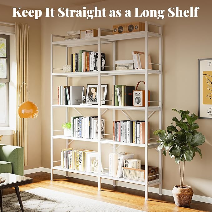 Huuger 5 Tier Bookshelf, L Shaped Corner Bookshelf with 10 Open Shelves, 49.4 Inch Straight Wide Bookcase with Metal Frame and Wooden Board, Adjustable Feet, White