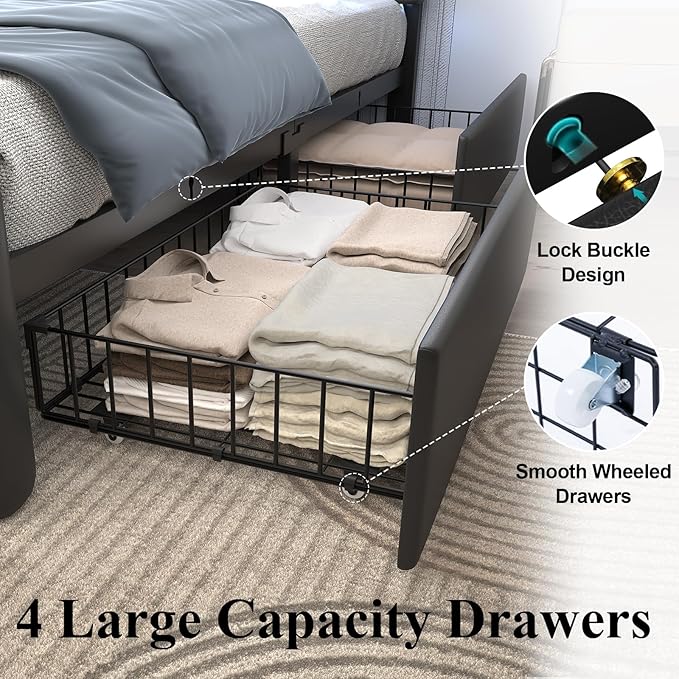 Twin Size Bed Frame with 4 Storage Drawers and LED Lights, Upholstered Platform Bed with Adjustable Headboard and Charging Station, Metal Slats Support, No Box Spring Needed,Easy Assembly, Black