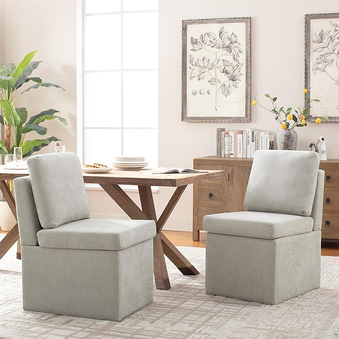 VKNOW Upholstered Dining Chairs, Modern Kitchen Chairs with Storage, Linen Armchair Dining Room Chairs for Kitchen Room (Light Grey, Set of 2)